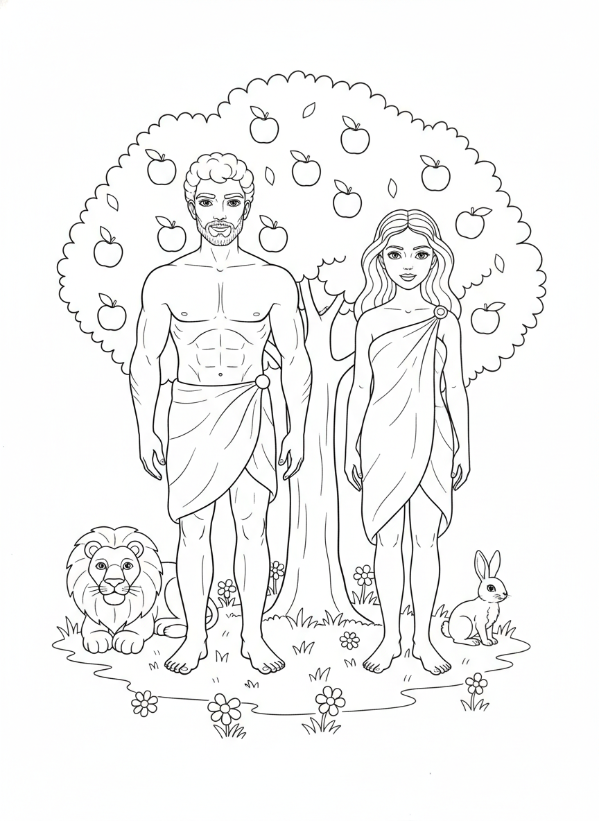Desenho para colorir: Adão e Eva no Jardim do Éden