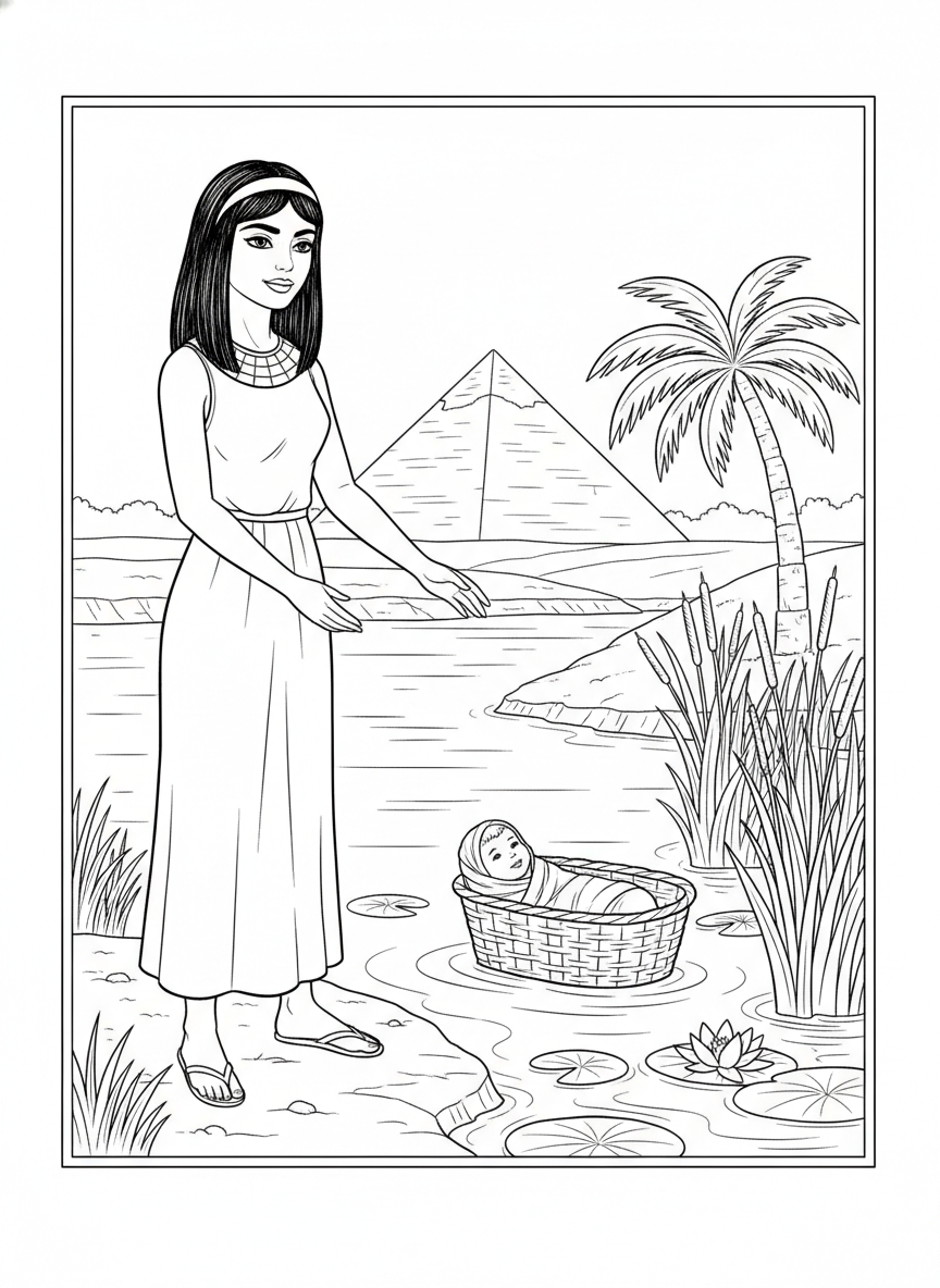 Desenho para colorir: o bebê Moisés no cesto