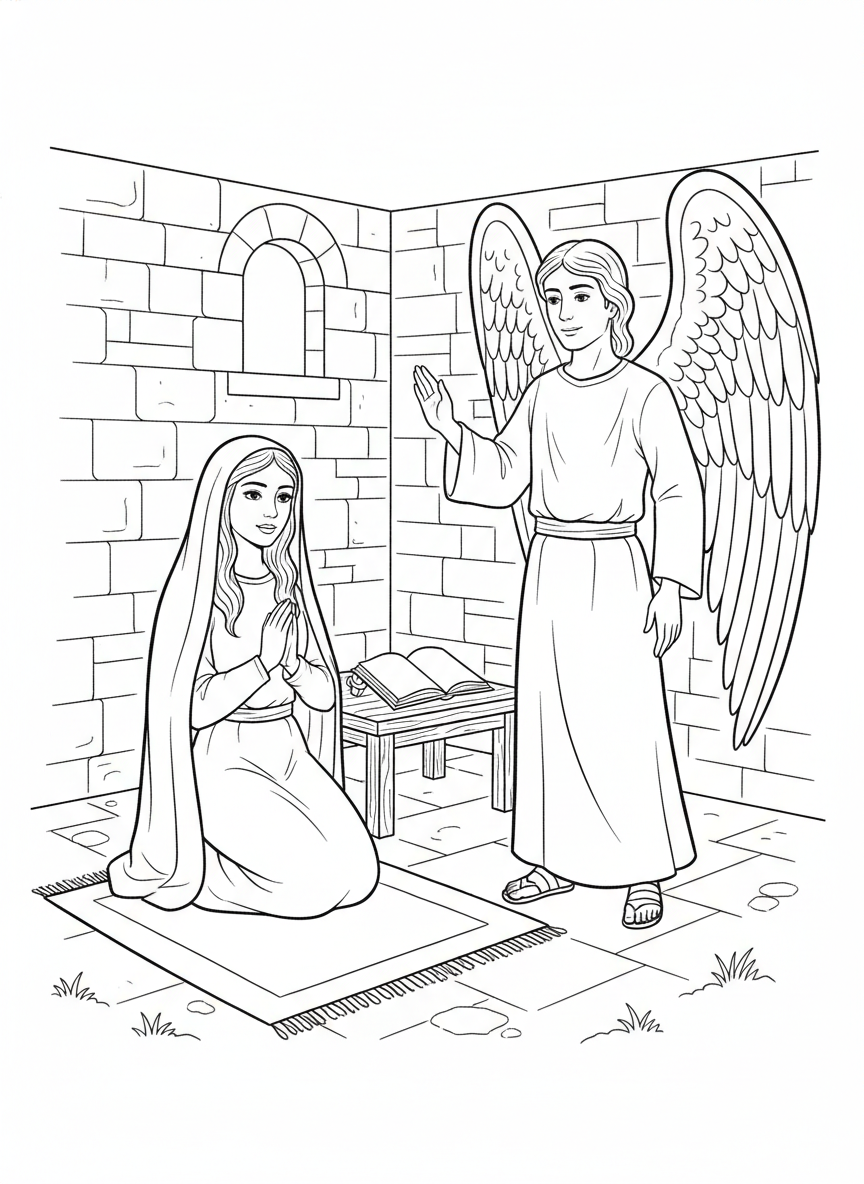 Desenho para colorir: o anjo anuncia a Maria