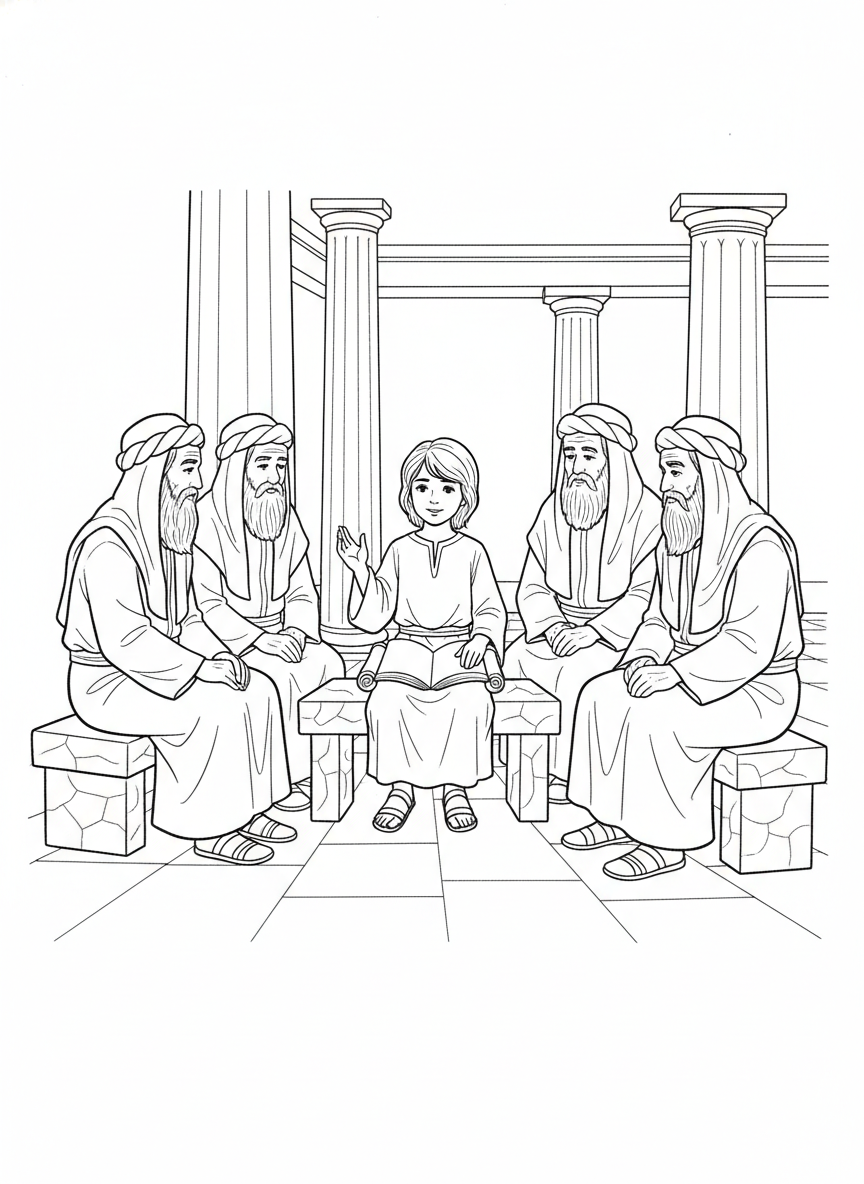 Desenho para colorir: o menino Jesus no templo