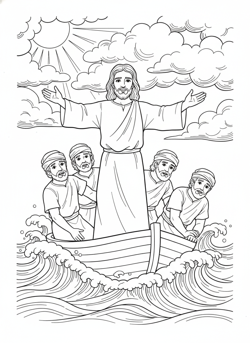 Desenho para colorir: Jesus acalma a tempestade