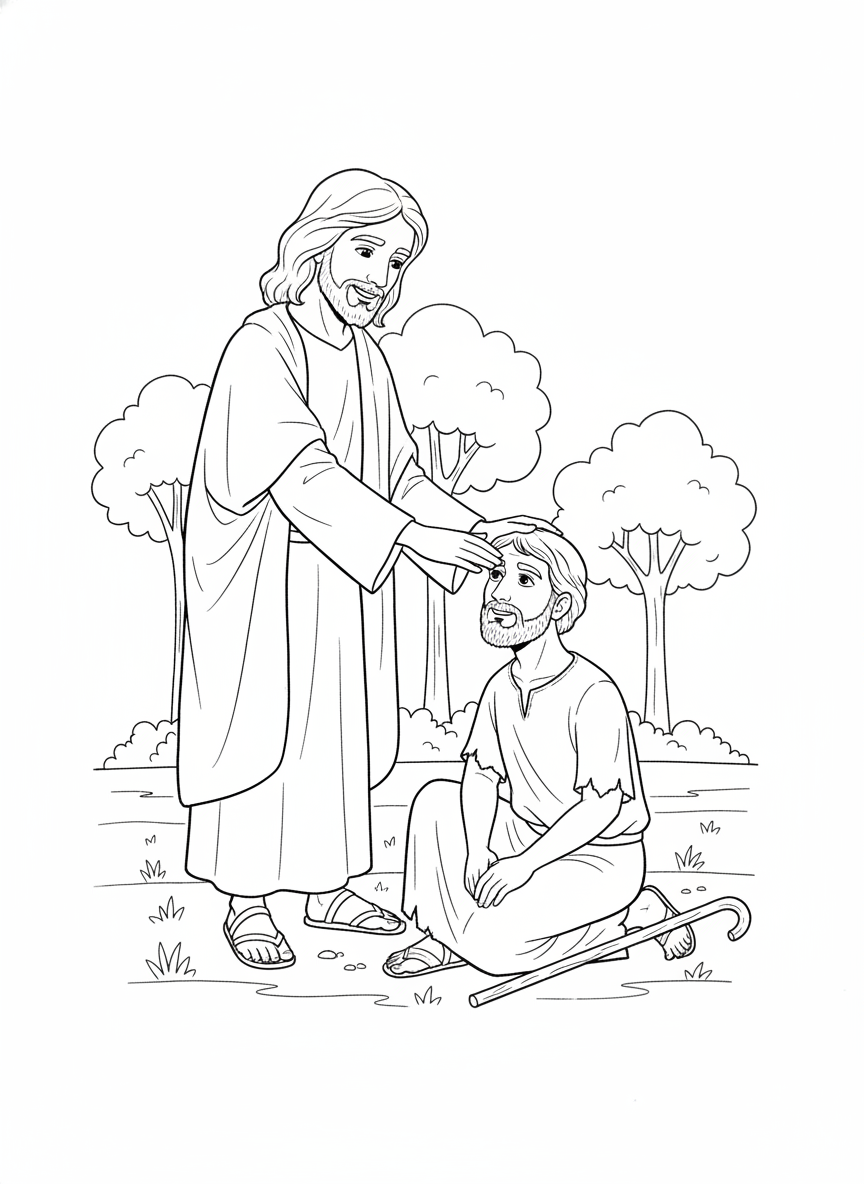 Desenho para colorir: Jesus cura o cego