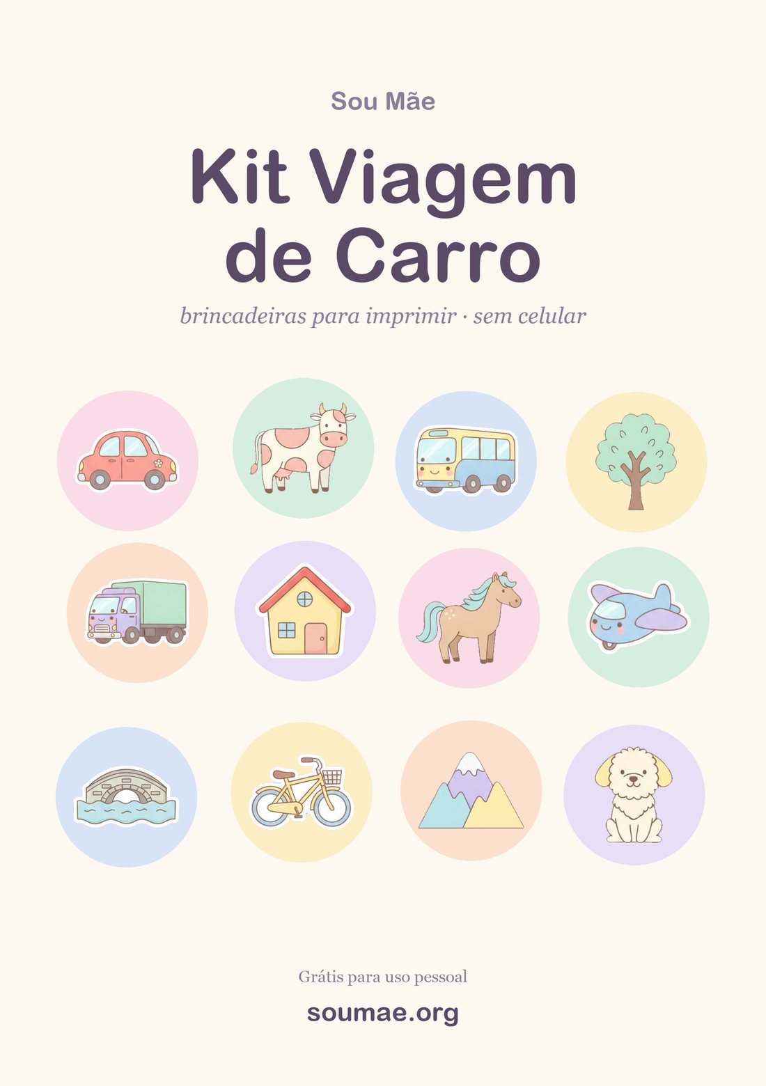 Capa do kit de brincadeiras para viagem de carro para imprimir, com ícones de carro, vaca, ônibus e árvore