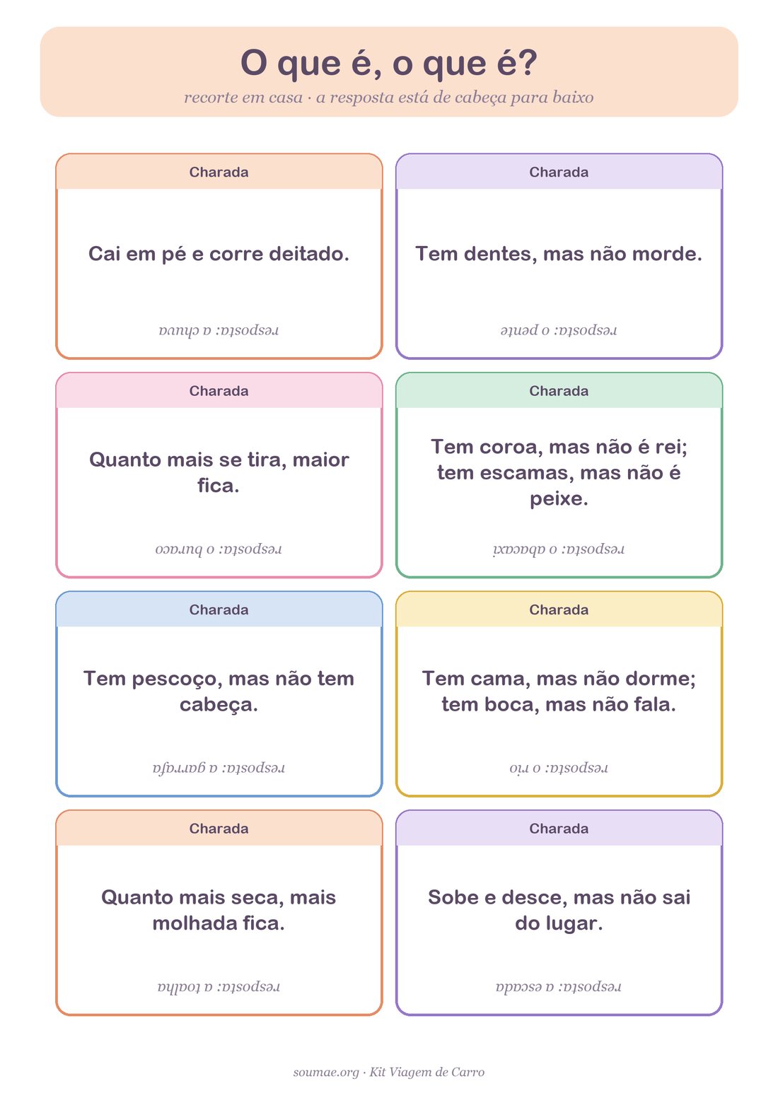 Cartões de charadas o que é o que é para imprimir, com a resposta de cabeça para baixo