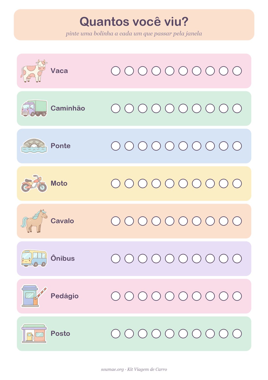 Atividade quantos você viu para viagem de carro: pintar uma bolinha para cada vaca, caminhão, ponte e moto