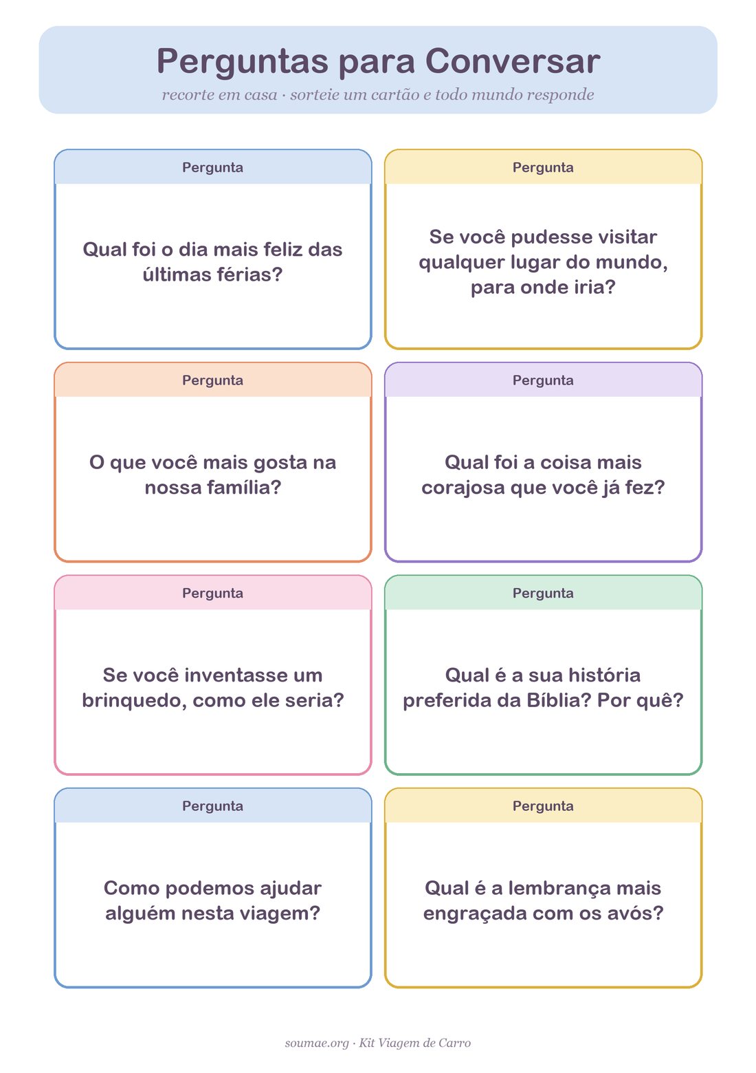 Cartões de perguntas para conversar em família durante a viagem de carro