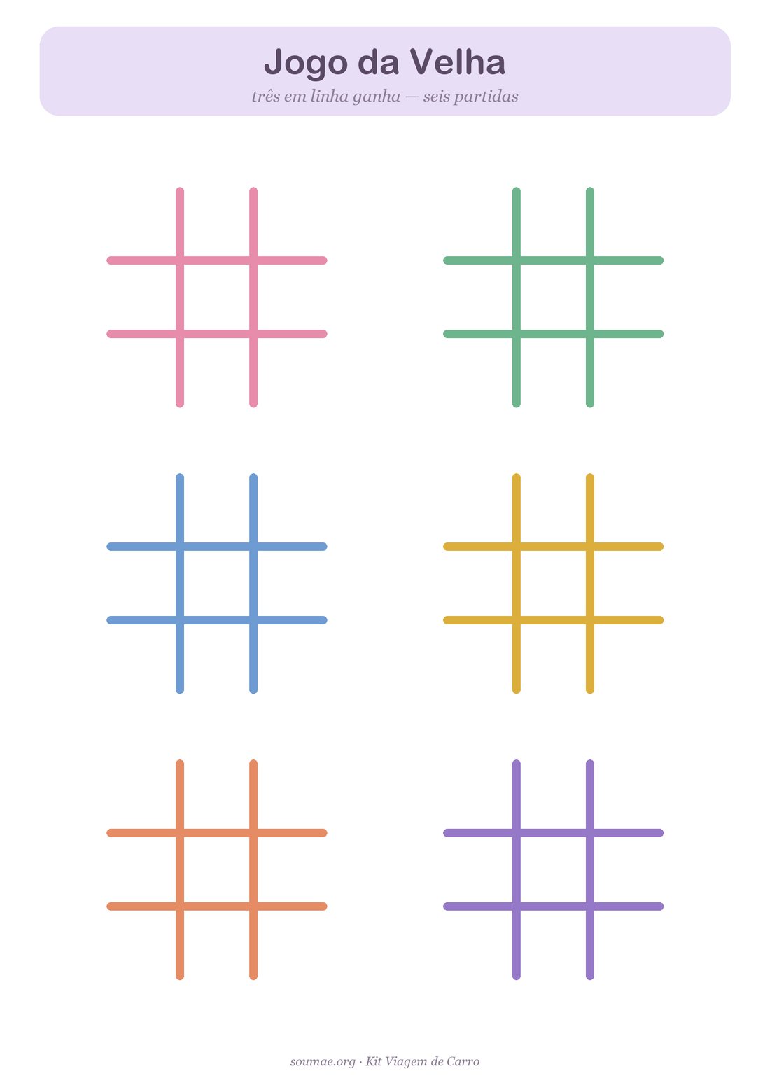 Jogo da velha para imprimir com seis tabuleiros coloridos