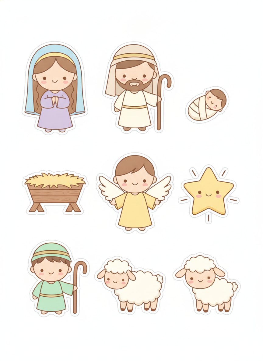 Prévia do presépio colorido para imprimir: folha com Maria, José, o Menino Jesus, o anjo e os pastores
