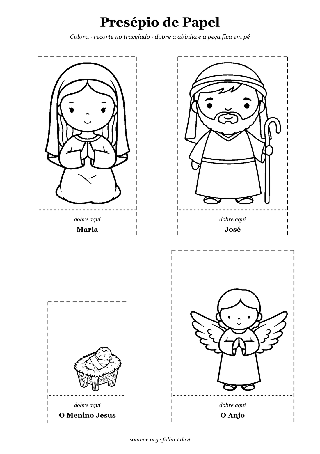 Prévia do presépio para colorir: folha de recorte com Maria, José, o Menino Jesus e o anjo